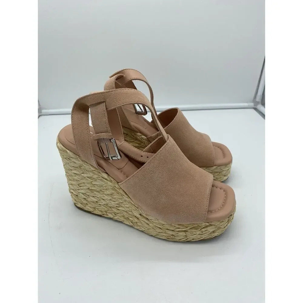 New Marc Fisher‎ LTD Nelly Suede Espadrille Wedge Sandals Ankle Strap Blush 8M